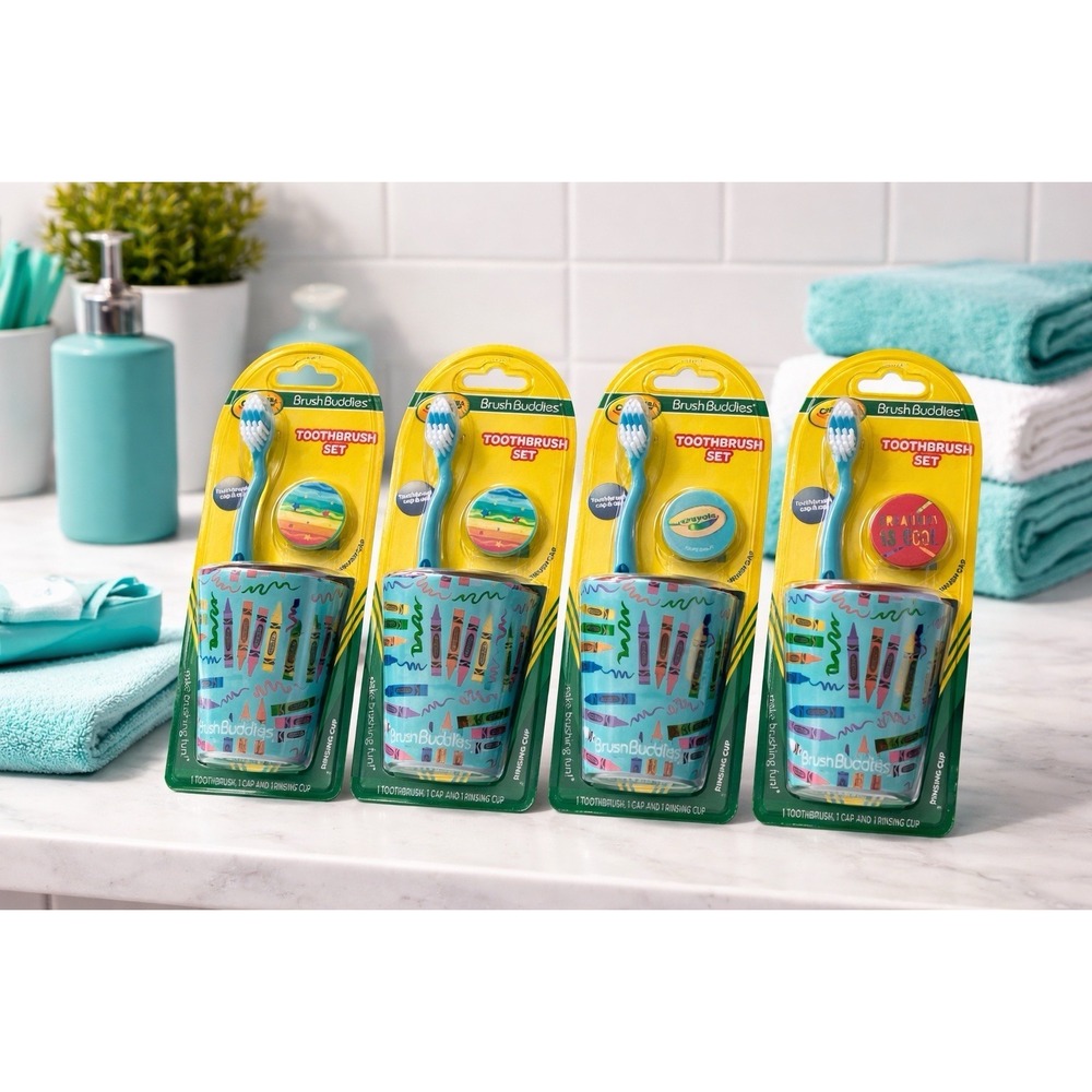 Crayola SET OF 4 Child Toothbrush Set Crayola Blue Kids Brush Buddies Cap